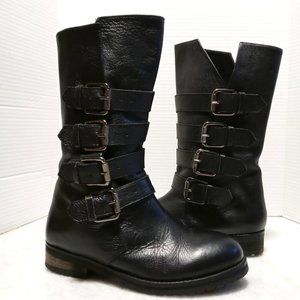Kurt Geiger Black Mid Calf Moto Boots Booties Silver Buckles Women Size 6.5